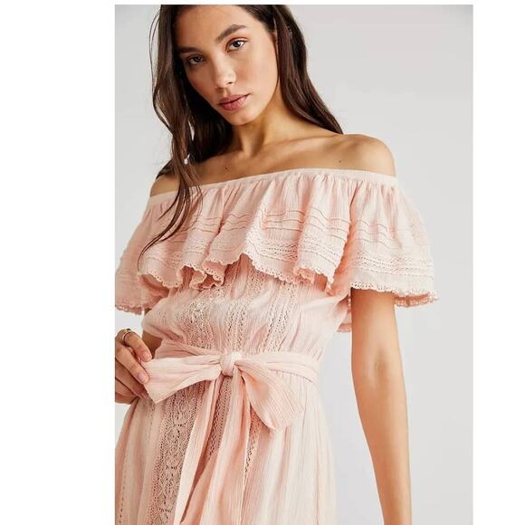 New Free People x Spell Cassie Off The Shoulder Lace Gown $299 X-SMALL Pink - Picture 2 of 10